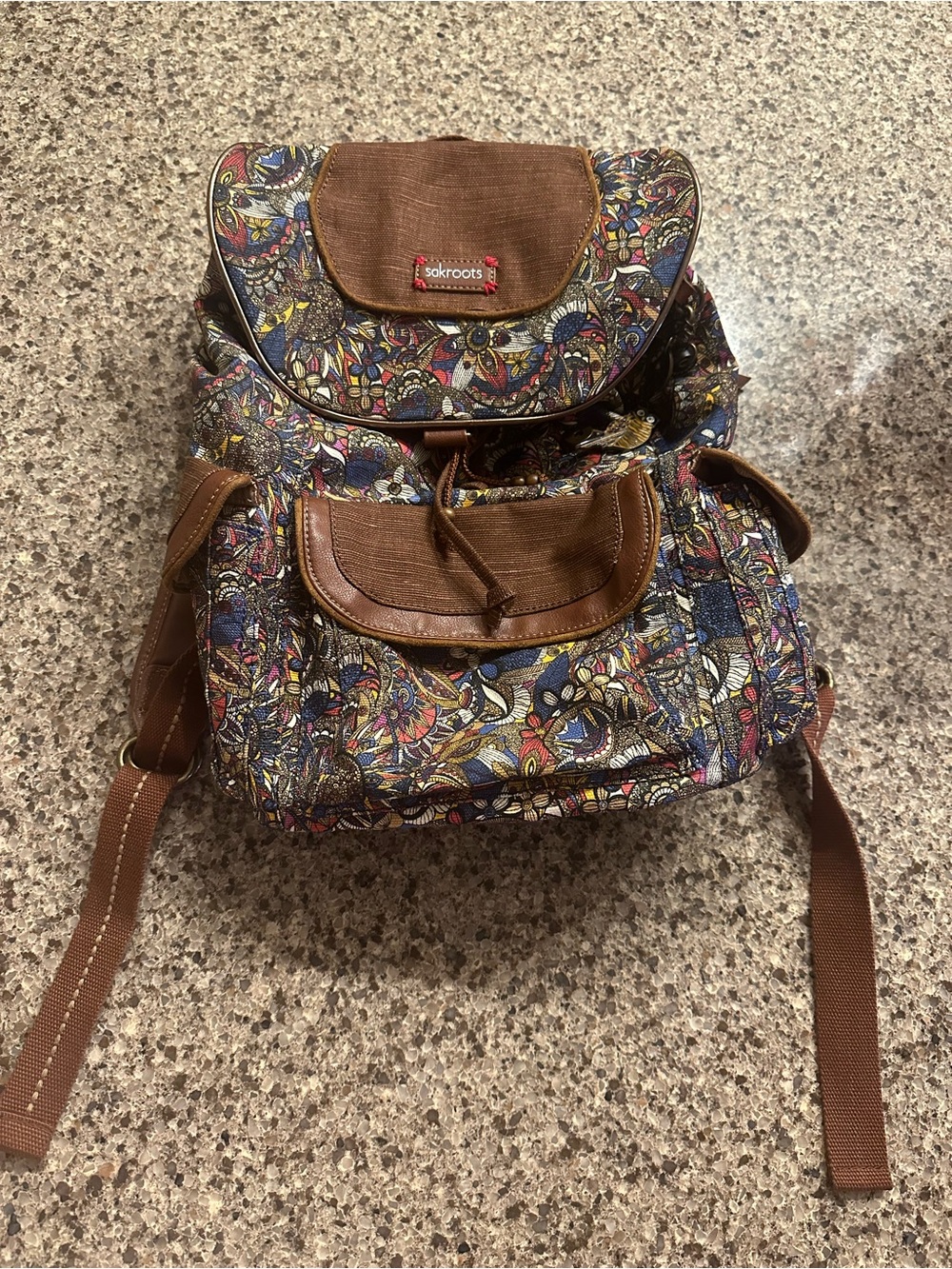 Sakroots Multicolor Floral Canvas Backpack with Brown Trim